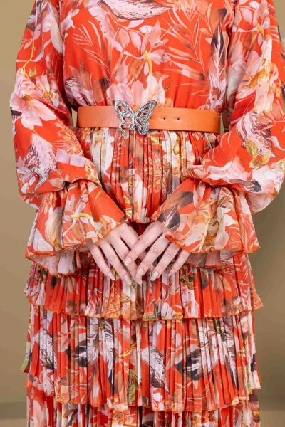 Kat Kat Pliseli Şifon Elbise 2718-Oranj