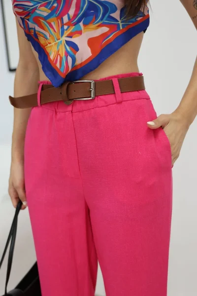 Kemer Detaylı Beli Lastikli Keten Pantolon 6167-Fuşya