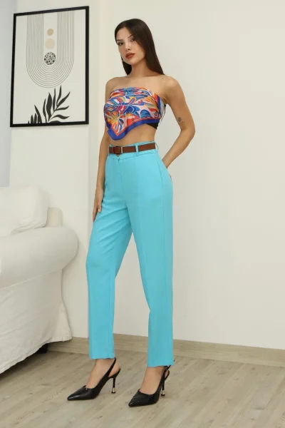 Kemer Detaylı Beli Lastikli Keten Pantolon 6167-Turkuaz