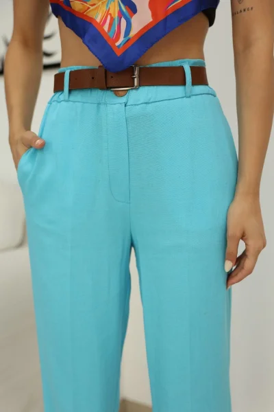 Kemer Detaylı Beli Lastikli Keten Pantolon 6167-Turkuaz