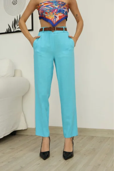 Kemer Detaylı Beli Lastikli Keten Pantolon 6167-Turkuaz