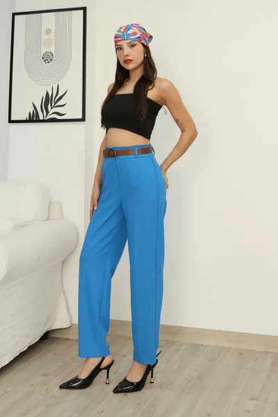 Kemer Detaylı Beli Lastikli Kumaş Pantolon 6155-İndigo