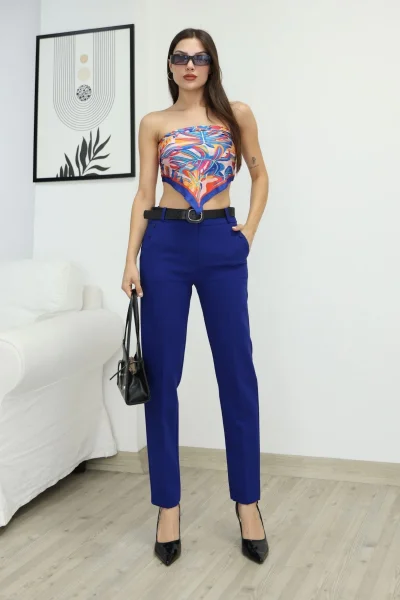 Kemer Detaylı Cepli Kumaş Pantolon 6111-Saks