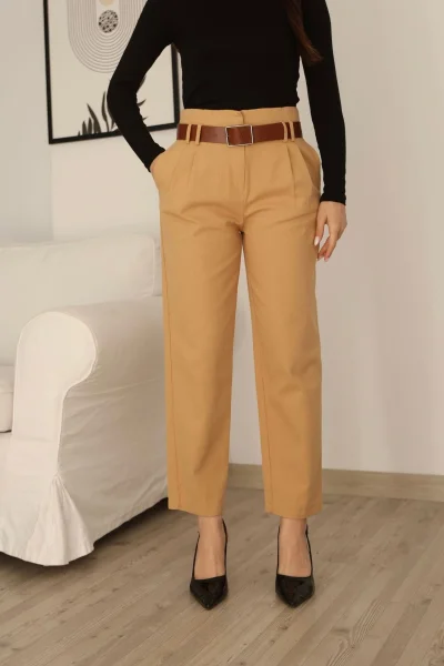 Kemer Detaylı Pileli Gabardin Kumaş Pantolon 5856-Camel