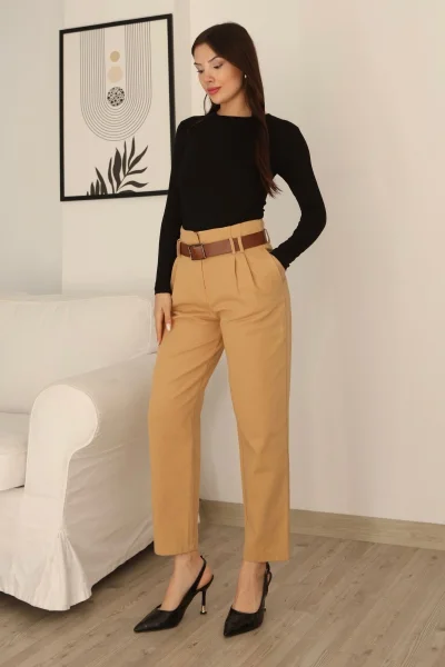 Kemer Detaylı Pileli Gabardin Kumaş Pantolon 5856-Camel