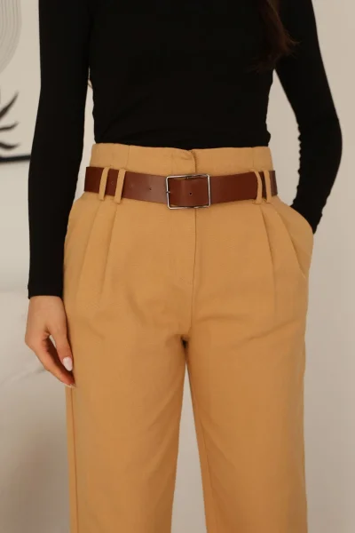Kemer Detaylı Pileli Gabardin Kumaş Pantolon 5856-Camel