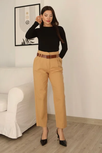 Kemer Detaylı Pileli Gabardin Kumaş Pantolon 5856-Camel