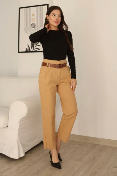 Kemer Detaylı Pileli Gabardin Kumaş Pantolon 5856-Camel