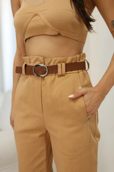 Kemer Detaylı Pileli Gabardin Kumaş Pantolon 6158-Camel