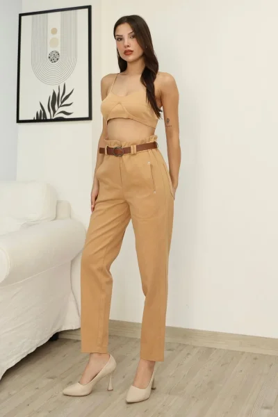 Kemer Detaylı Pileli Gabardin Kumaş Pantolon 6158-Camel