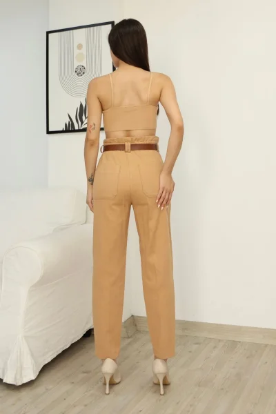 Kemer Detaylı Pileli Gabardin Kumaş Pantolon 6158-Camel