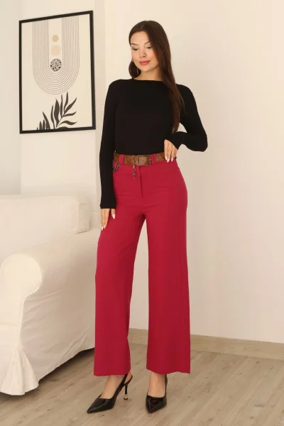 Kemeri Aksesuarlı ve Cep Detaylı Palazzo Pantolon 6115-Fuşya