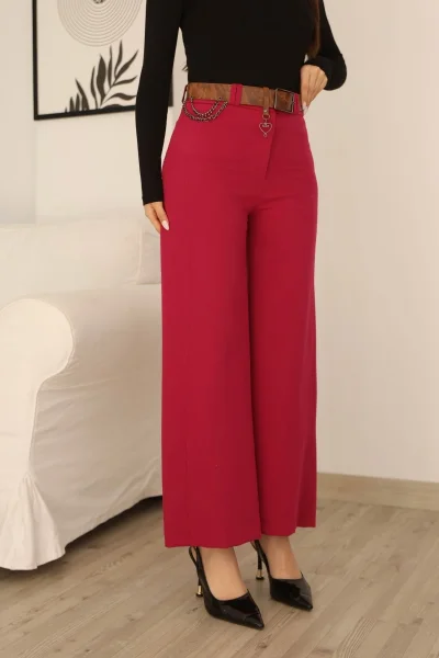 Kemeri Aksesuarlı ve Cep Detaylı Palazzo Pantolon 6115-Fuşya