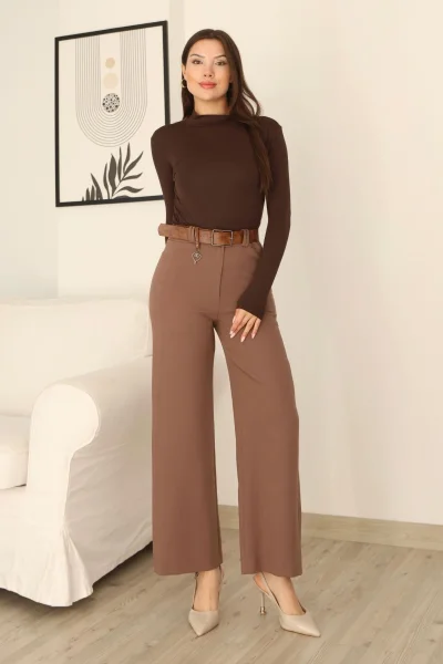 Kemeri Aksesuarlı ve Cep Detaylı Palazzo Pantolon 6115-Kahverengi