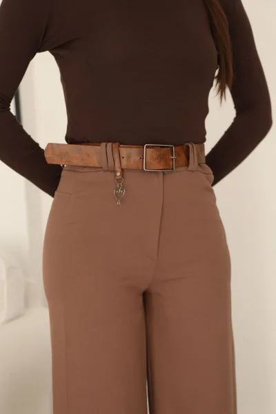 Kemeri Aksesuarlı ve Cep Detaylı Palazzo Pantolon 6115-Kahverengi