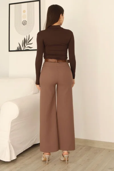 Kemeri Aksesuarlı ve Cep Detaylı Palazzo Pantolon 6115-Kahverengi