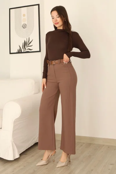 Kemeri Aksesuarlı ve Cep Detaylı Palazzo Pantolon 6115-Kahverengi
