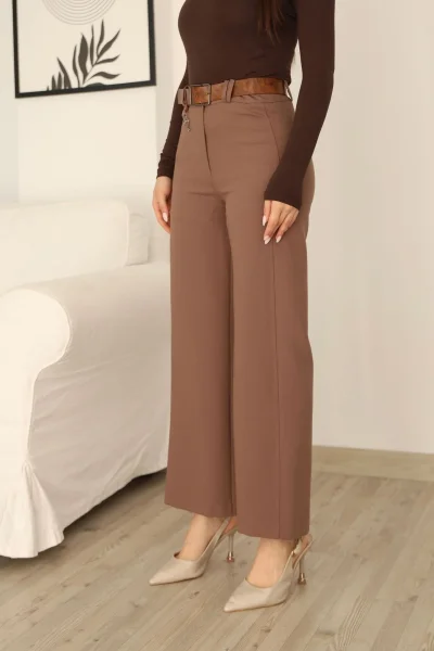 Kemeri Aksesuarlı ve Cep Detaylı Palazzo Pantolon 6115-Kahverengi