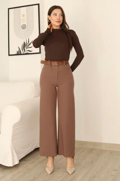 Kemeri Aksesuarlı ve Cep Detaylı Palazzo Pantolon 6115-Kahverengi