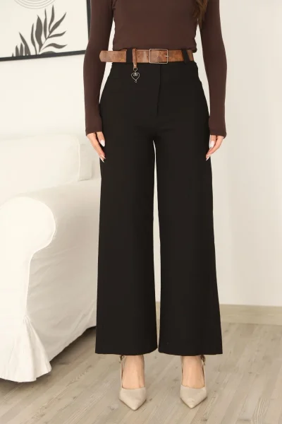 Kemeri Aksesuarlı ve Cep Detaylı Palazzo Pantolon 6115-Siyah