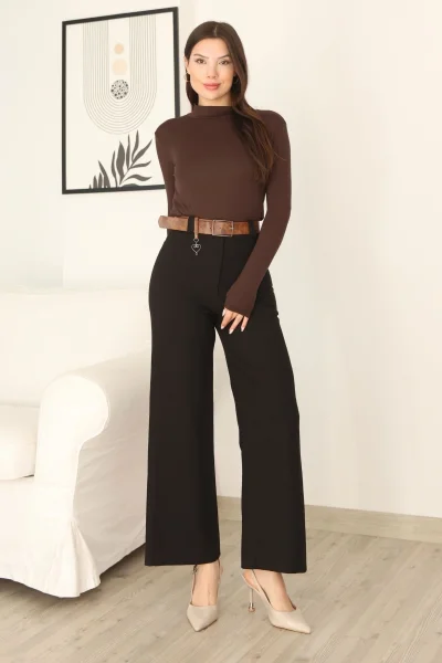 Kemeri Aksesuarlı ve Cep Detaylı Palazzo Pantolon 6115-Siyah