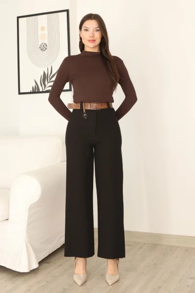 Kemeri Aksesuarlı ve Cep Detaylı Palazzo Pantolon 6115-Siyah