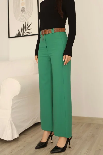 Kemeri Aksesuarlı ve Cep Detaylı Palazzo Pantolon 6115-Yeşil