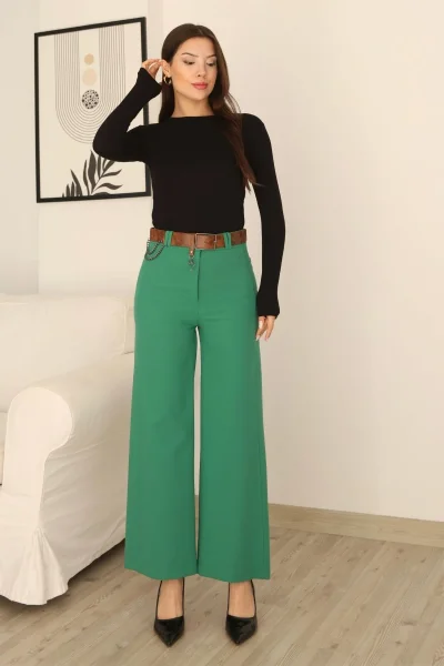 Kemeri Aksesuarlı ve Cep Detaylı Palazzo Pantolon 6115-Yeşil