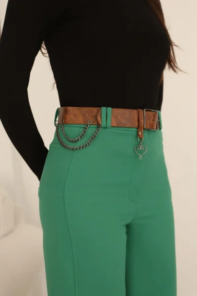 Kemeri Aksesuarlı ve Cep Detaylı Palazzo Pantolon 6115-Yeşil