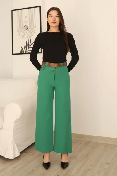 Kemeri Aksesuarlı ve Cep Detaylı Palazzo Pantolon 6115-Yeşil