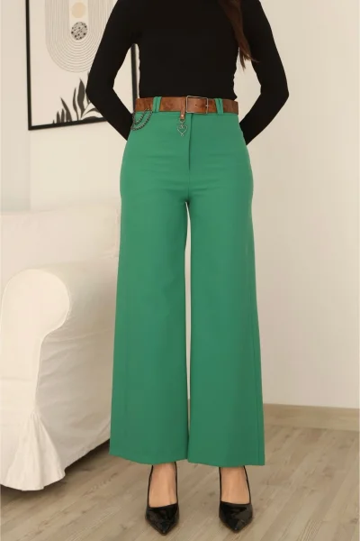 Kemeri Aksesuarlı ve Cep Detaylı Palazzo Pantolon 6115-Yeşil