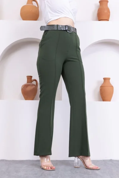 Kemerli İspanyol Paça KadınKumaş Pantolon 314-Haki