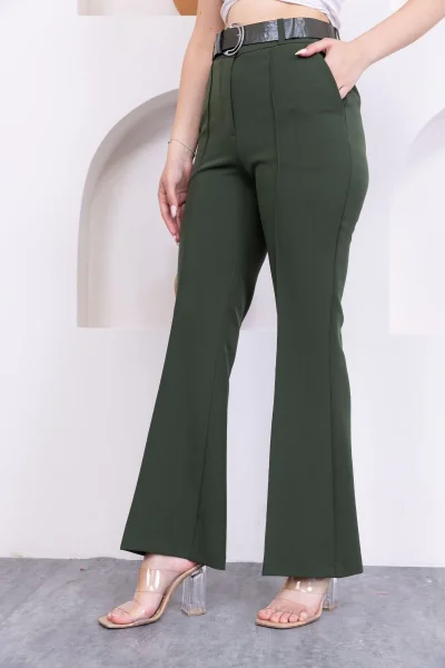 Kemerli İspanyol Paça KadınKumaş Pantolon 314-Haki