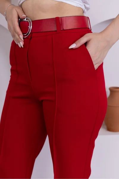 Kemerli İspanyol Paça Kadın Kumaş Pantolon 314-Kırmızı