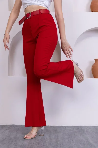 Kemerli İspanyol Paça Kadın Kumaş Pantolon 314-Kırmızı