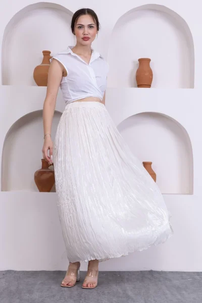 Kırışık Detaylı Etek 6034-Krem