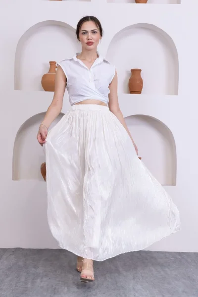 Kırışık Detaylı Etek 6034-Krem