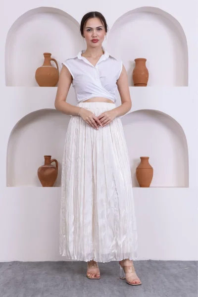 Kırışık Detaylı Etek 6034-Krem