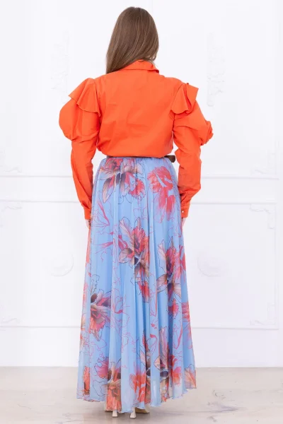 Kol Gül Detaylı İpek Şifon Etekli İkili Takım 4708-Oranj