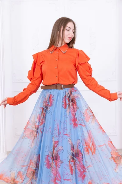 Kol Gül Detaylı İpek Şifon Etekli İkili Takım 4708-Oranj