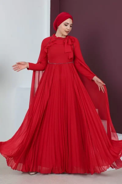 Kol Pelerin Detaylı Tesettür Abiye Elbise 715-Kırmızı