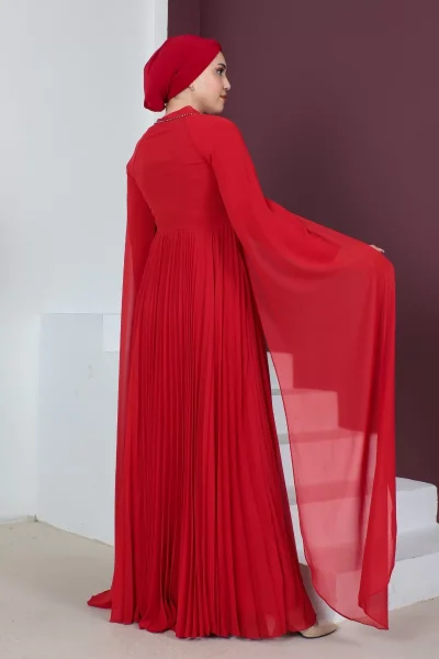 Kol Pelerin Detaylı Tesettür Abiye Elbise 715-Kırmızı