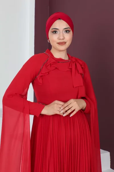 Kol Pelerin Detaylı Tesettür Abiye Elbise 715-Kırmızı