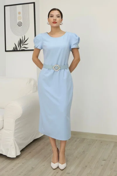 Kolu İşlemeli Kemerli Yırtmaçlı Midi Elbise 2198-Bebe Mavisi