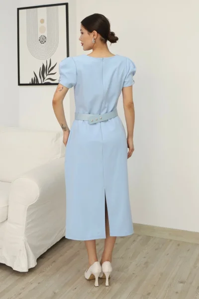 Kolu İşlemeli Kemerli Yırtmaçlı Midi Elbise 2198-Bebe Mavisi