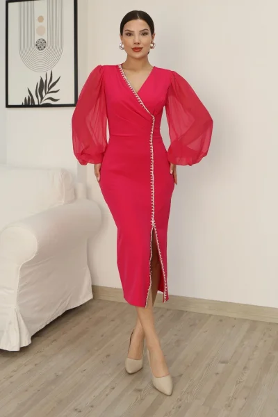 Kruvaze Yaka Balon Kol Taş ve Yırtmaç Detaylı Elbise 2237-Fuşya