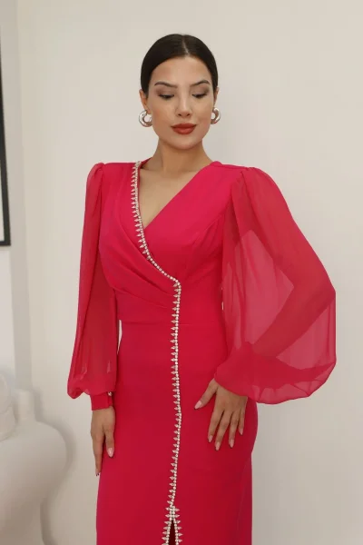 Kruvaze Yaka Balon Kol Taş ve Yırtmaç Detaylı Elbise 2237-Fuşya