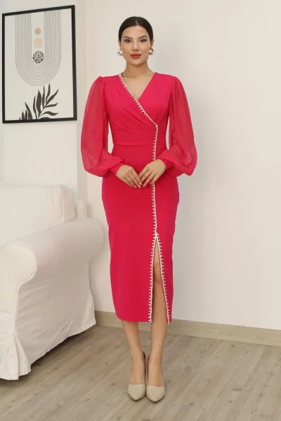 Kruvaze Yaka Balon Kol Taş ve Yırtmaç Detaylı Elbise 2237-Fuşya