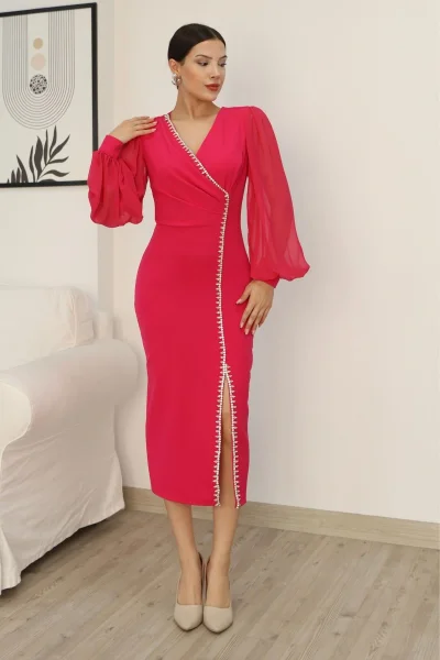 Kruvaze Yaka Balon Kol Taş ve Yırtmaç Detaylı Elbise 2237-Fuşya