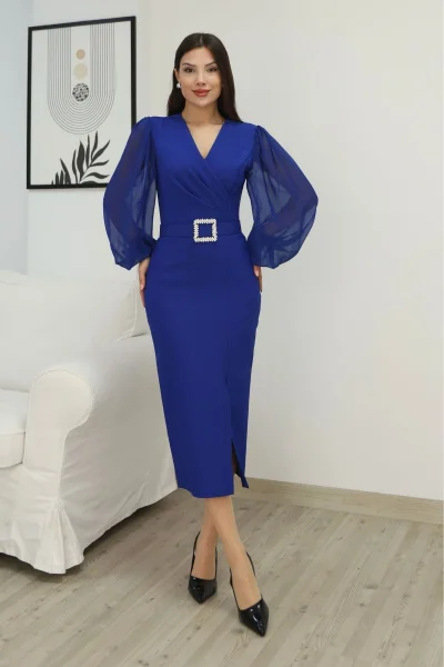 Kruvaze Yaka Balon Kollu Yırtmaçlı Abiye Elbise 2315-Saks